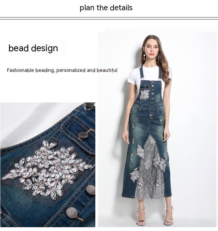 Embroidered Lace Denim Midi Jumper Dress European and American Style