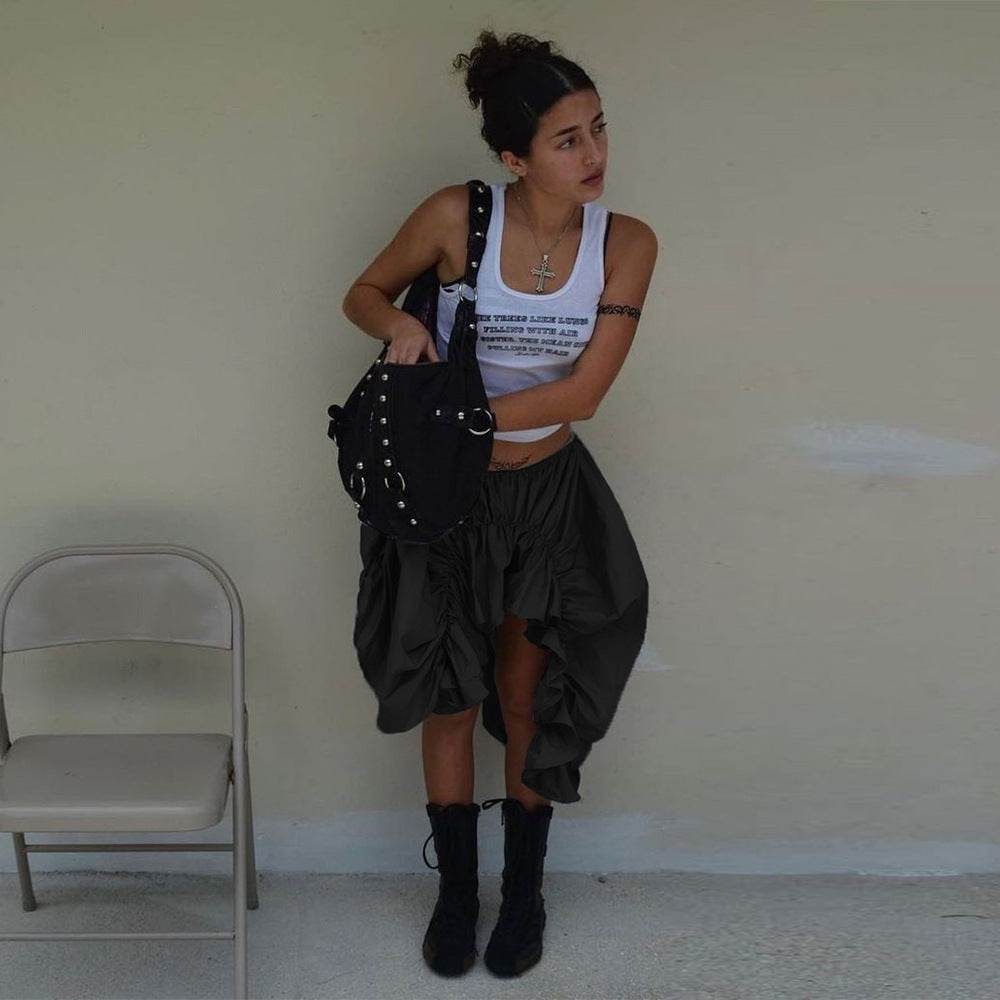 Street Cool Trendy Wrinkle Elastic Waist Irregular Loose Skirt - Velora