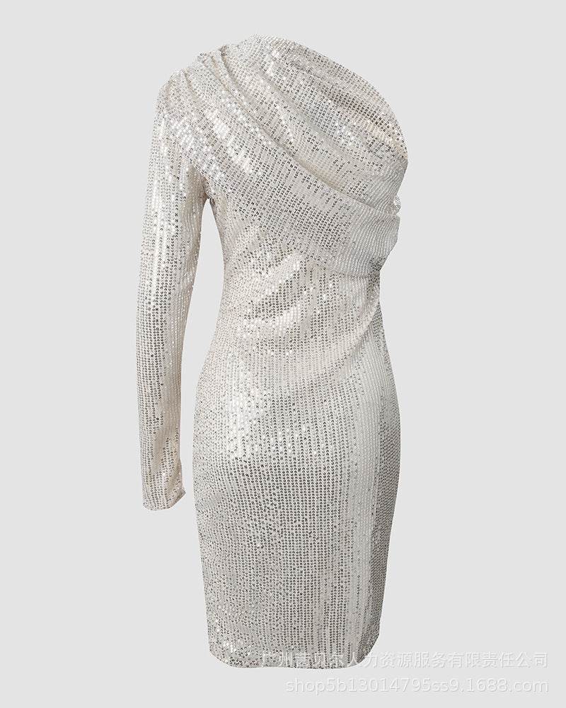 Silver One Shoulder Sequin Formal Dress - Velora