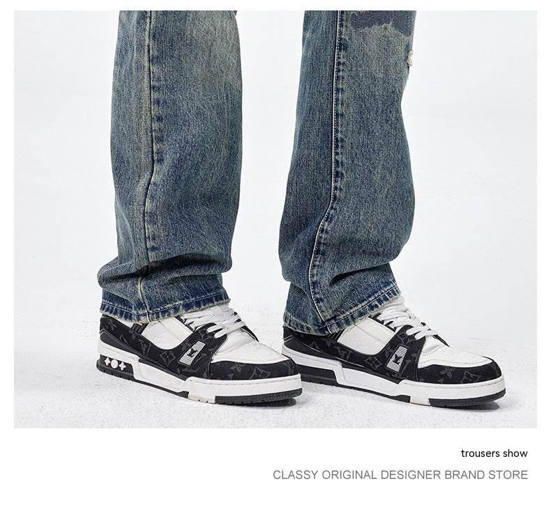 American Style Loose Broken Patch Straight Retro Denim Jeans pant Trousers Men - Velora