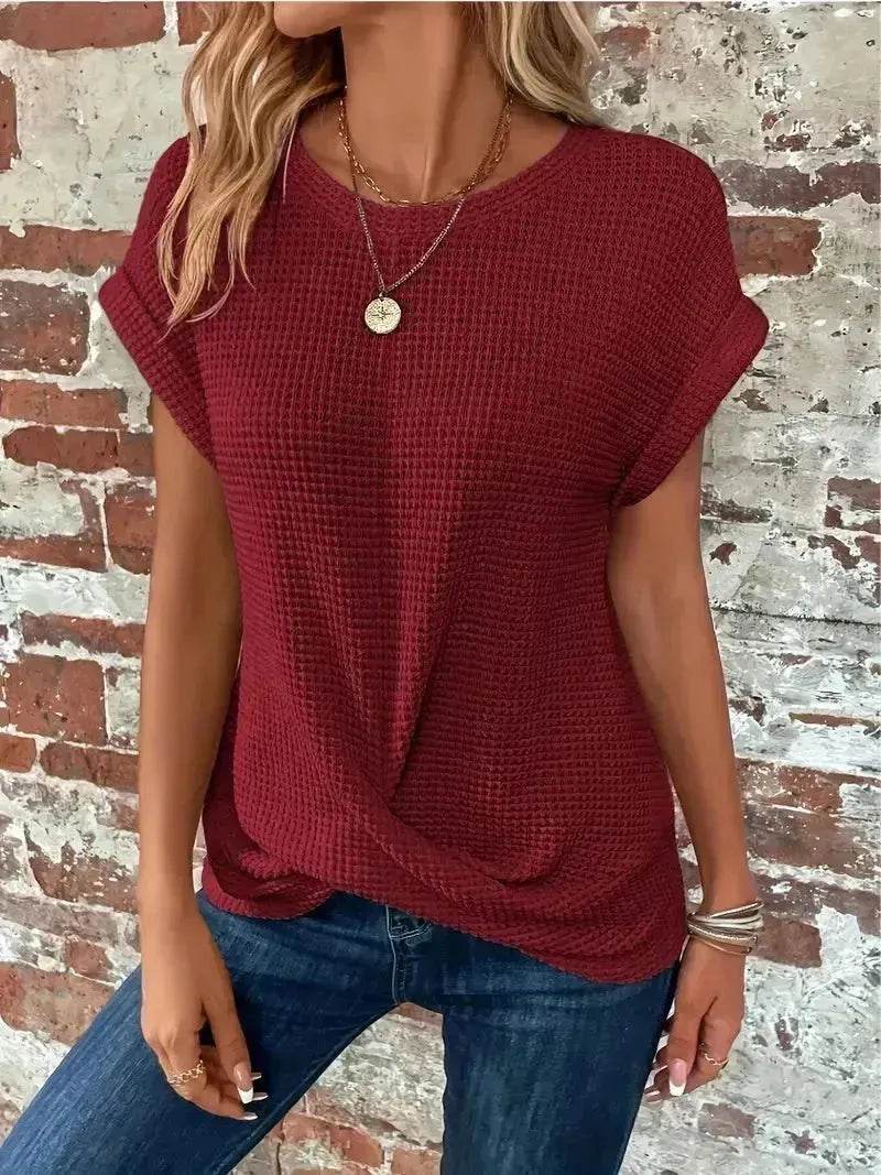 Casual Summer Short-sleeved Waffle blouse Top Summer New Solid Color Casual Evening Top For Women - Velora