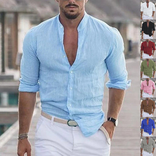 Men's Long Sleeve Shirt With Button Casual Solid Color Tops For Spring Autumn - Velora