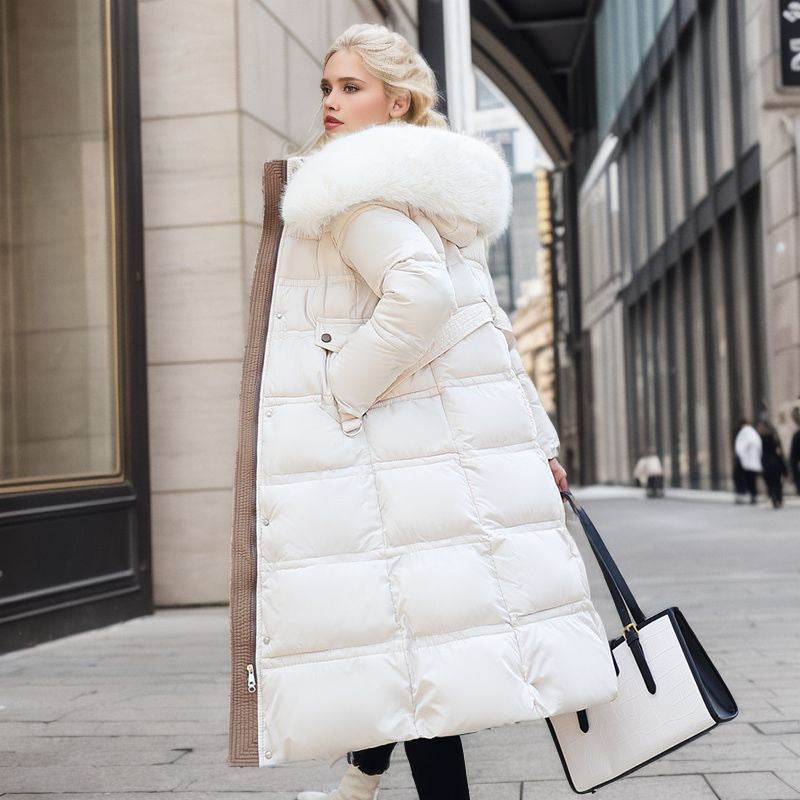 Winter Slim Long Jacket With Fur Hood And Belt Fashion Solid Hooded Coat Warm Clothing For Women - Velora