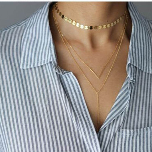 Vintage sequin alloy V-shaped pendant sweater chain Simple clavicle multilayer necklace - Velora
