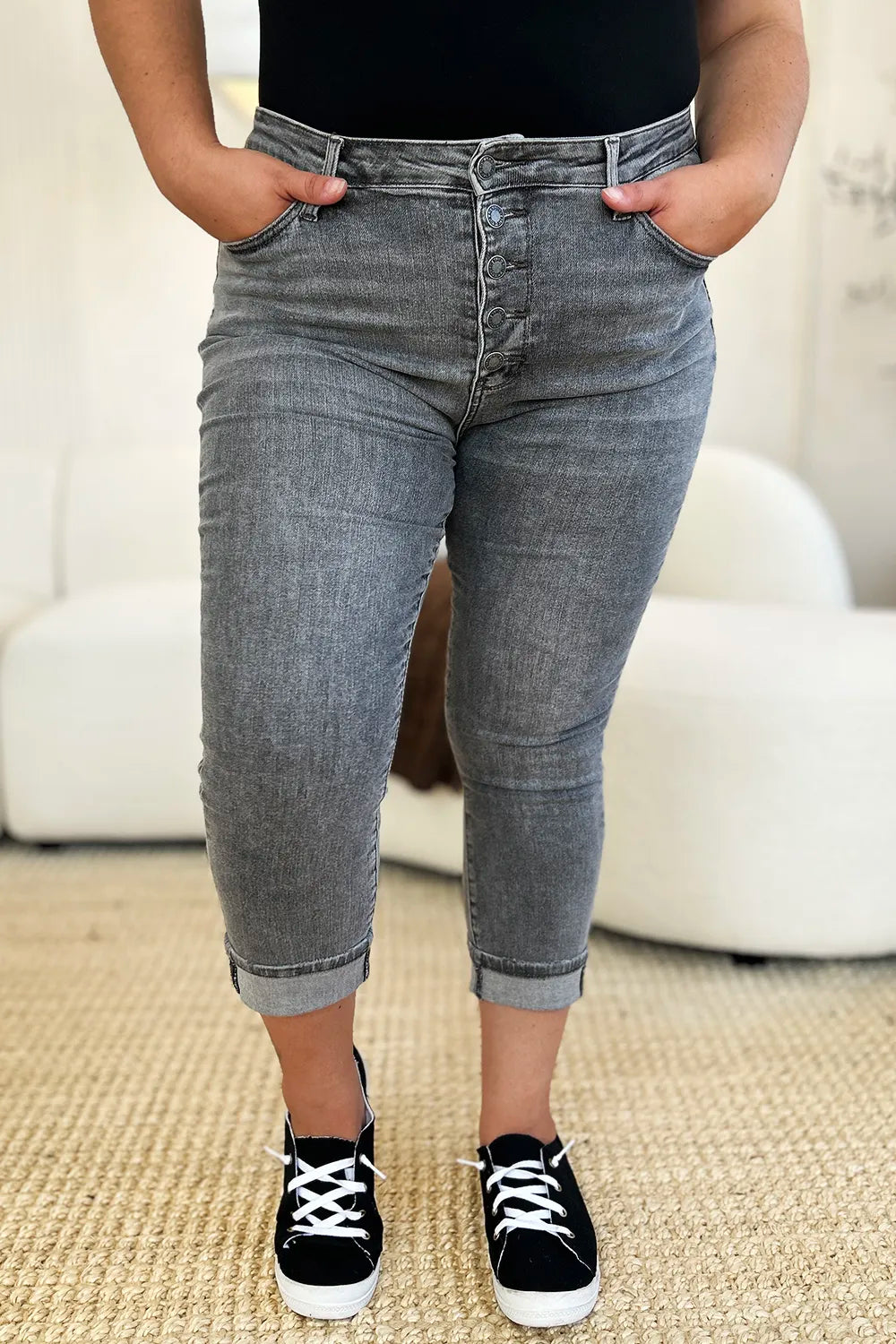Judy Blue Full Size Button Fly High Waist Cuffed Capris - Velora
