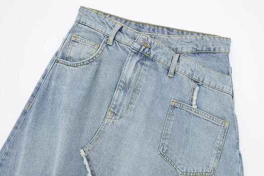 Fashionable Asymmetric High Waist Midi Denim Split Skirt - Velora