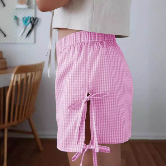 Loose Plaid Print Shorts With Lace-up Design Summer Fashion Y2K Elastic Band Pants For Women - Velora