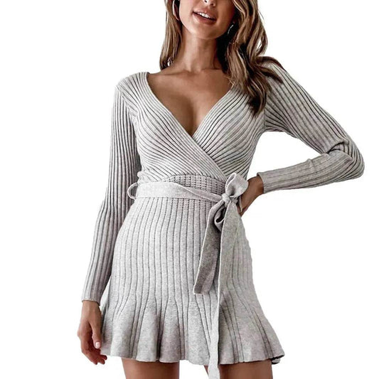 Autumn Winter V-neck Mini Flared Wrap sweater dress - Velora