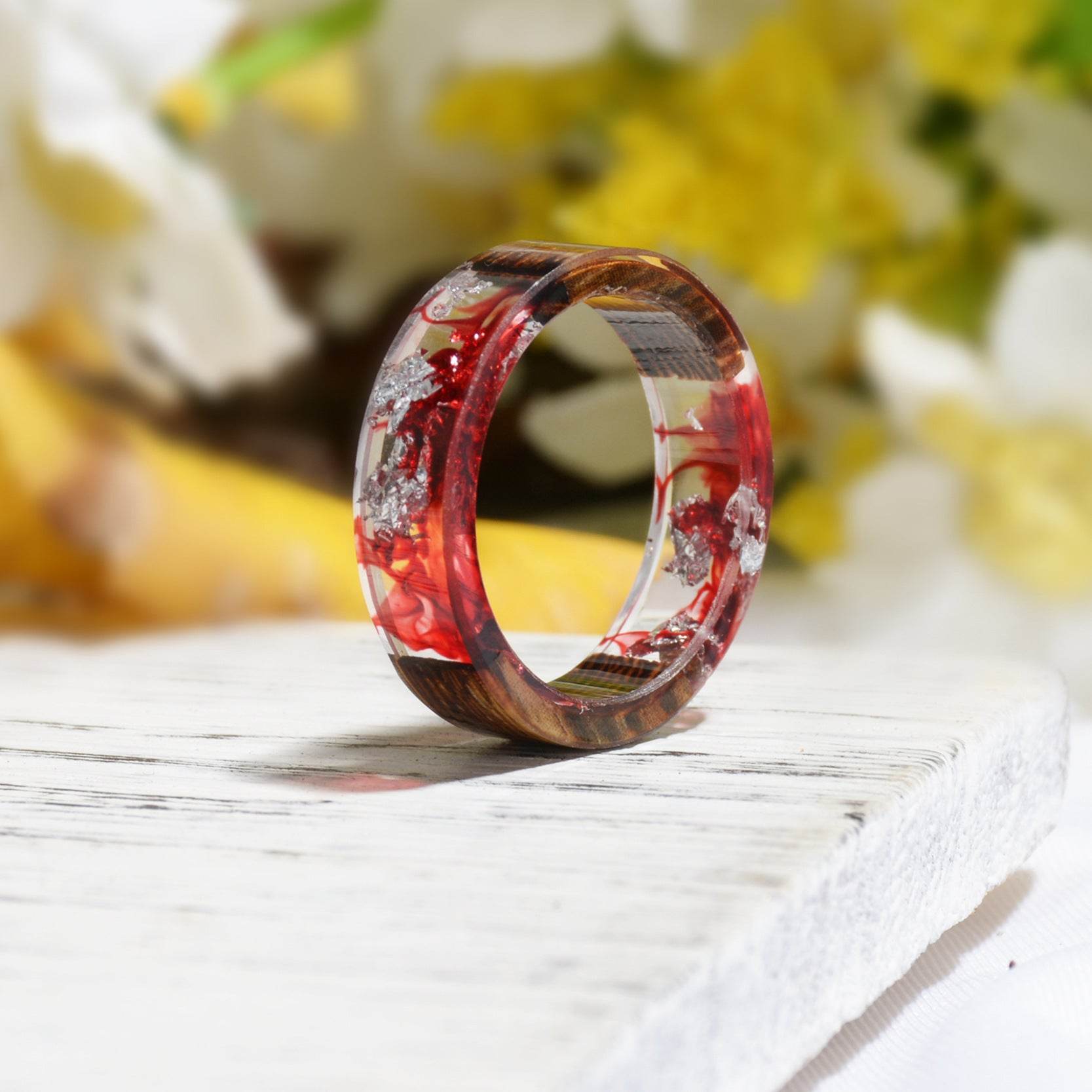 Cross-border Foreign Trade New Wood Resin Ring Diy Handmade Dried Flower Epoxy Ring - Velora