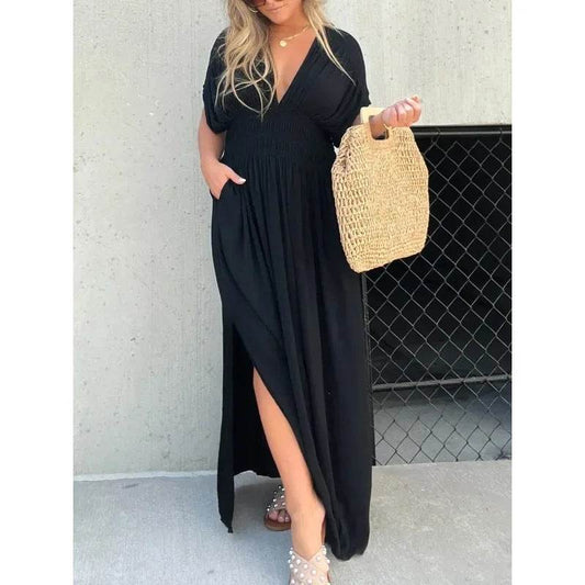 Fashion Bat-sleeved V-neck Slit Dress Summer Short Sleeve Elastic Waist Long Dresses Womens Clothing - Velora