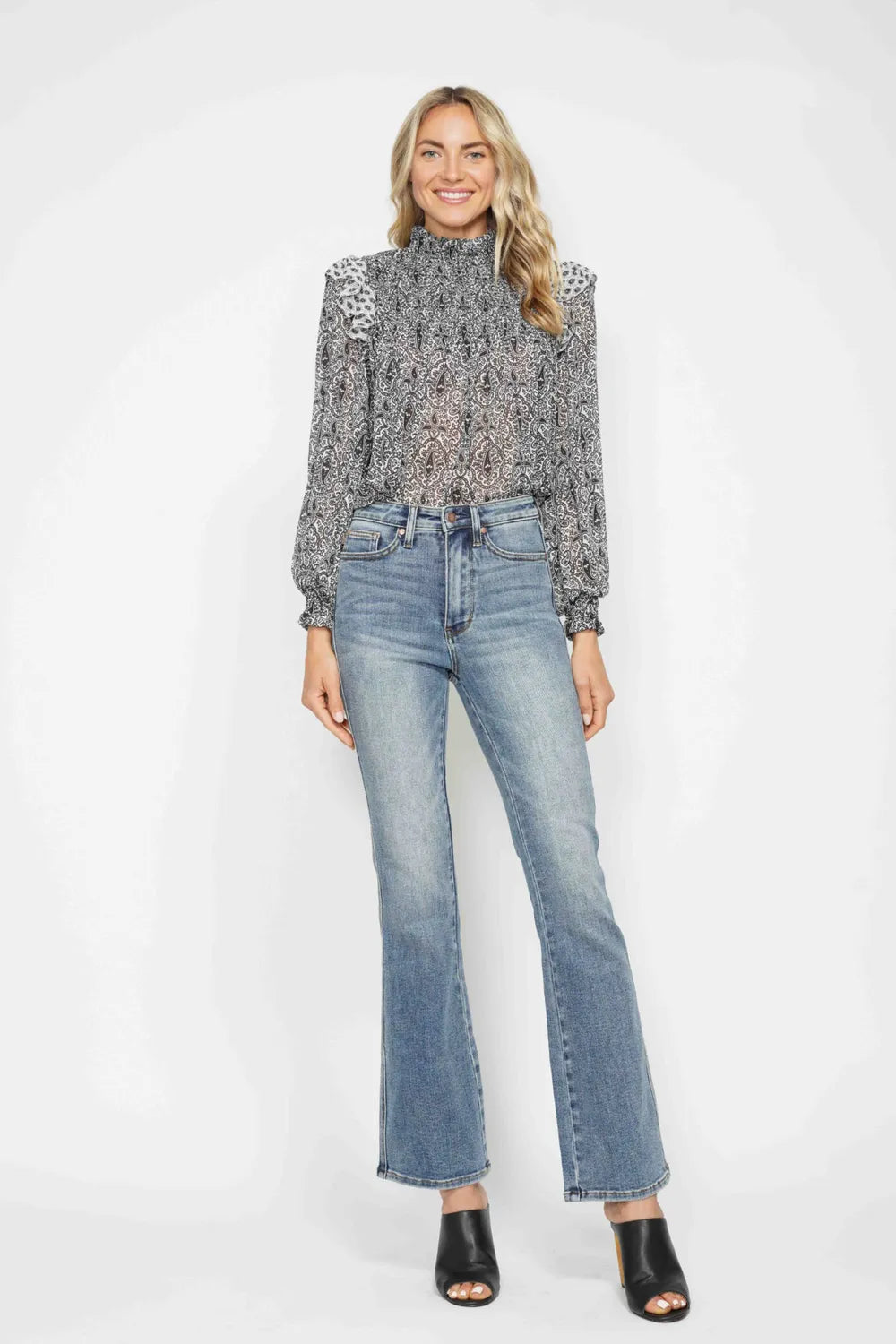 Judy Blue Full Size Tummy Control Back Embroidered Pocketed Bootcut Jeans Plus Size - Velora