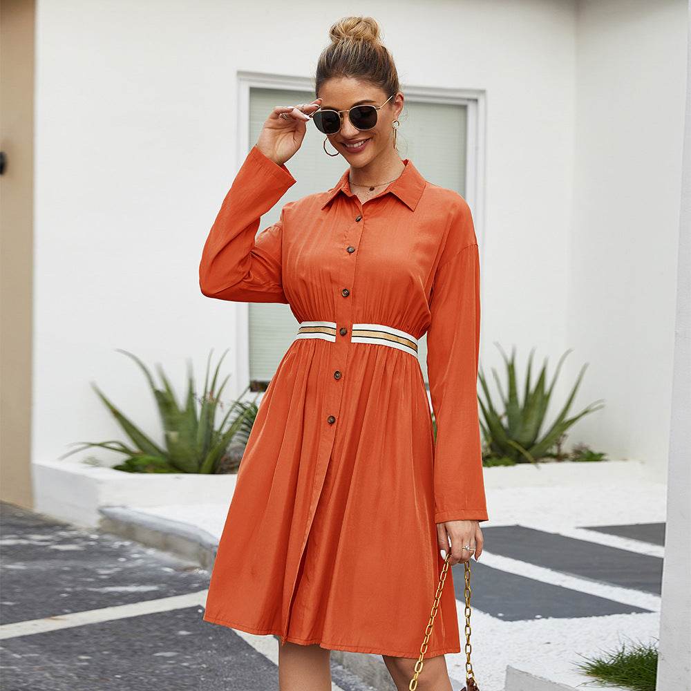 Summer Single Breasted Lapel long sleeve mini Shirt dress - Velora