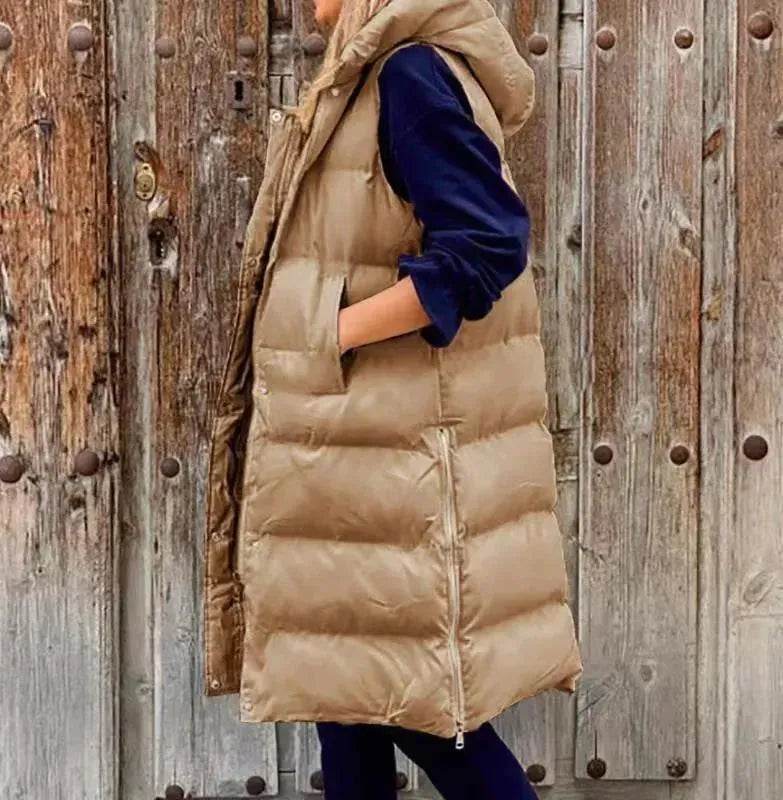 Pure Color Hooded Long Cotton Quilted Puffer Vest Casual - Velora