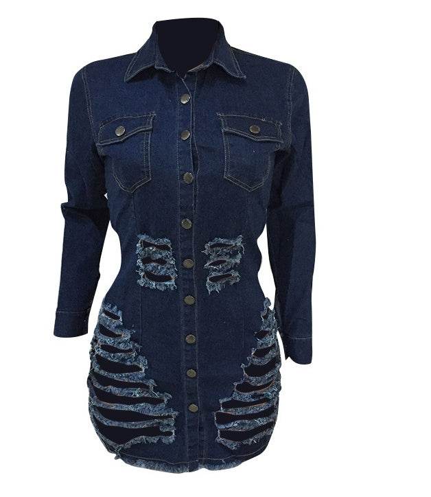 Chic Fashion Fitted Ripped Long Sleeve Jeans Denim hip dress - Velora