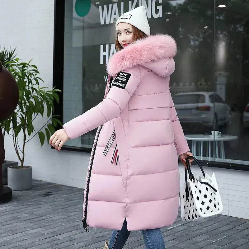 Long Zip up Faux fur Collar Hooded Winter Puffer coat women - Velora