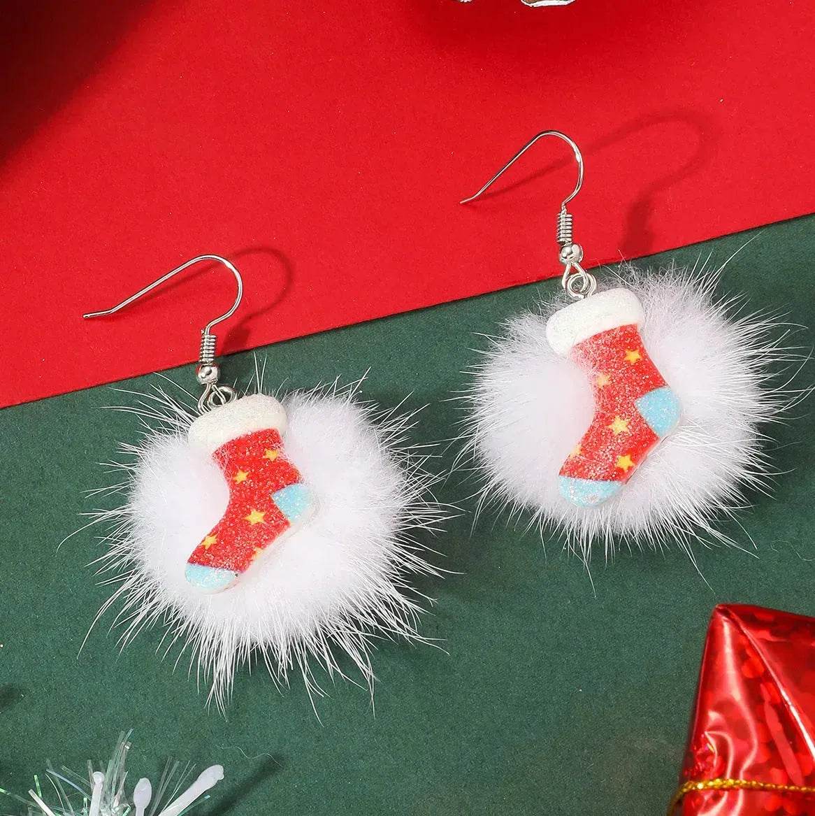 Winter Snowflake Hair Ball Earrings Ins Cute Christmas Elk Santa Claus Stock Element Earrings Women Jewelry - Velora