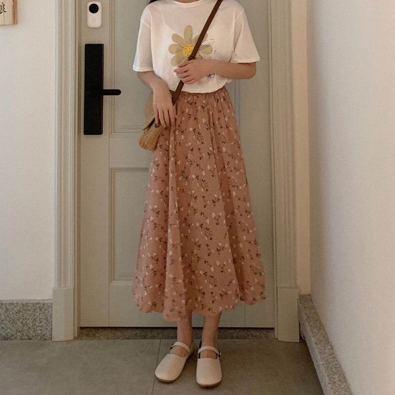 Casual Floral New Fresh High Waist Slimming Korean-style Midi A- Line Skirt - Velora