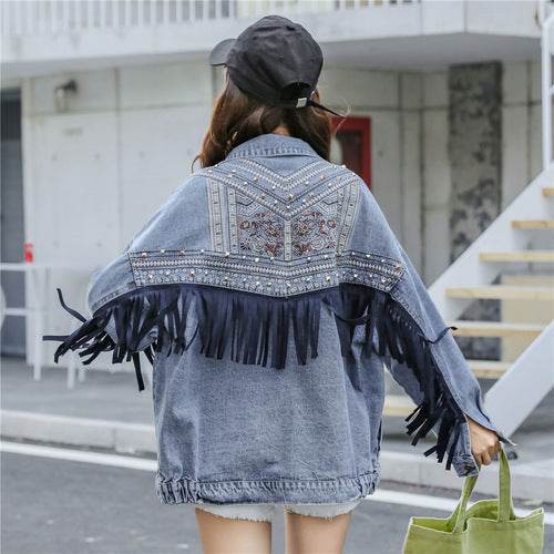 Elegant women Oversized Embroidered Tassel Fringe Denim Jacket - Velora