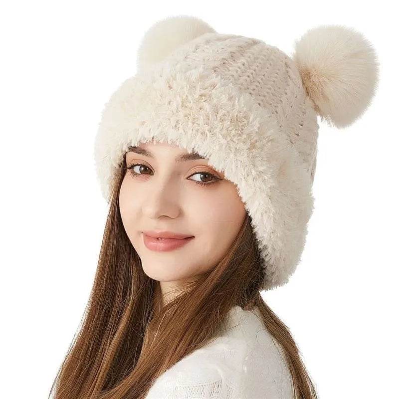 Women Winter Cute Fur Ball Knitted Beanie Hat Outdoor - Velora