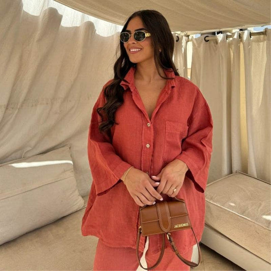 Casual Polyester Pocket Shirt Pants Suitable For Women's Wide Leg Pants, Long Sleeved Shirt Set, Women's Loose High Street Two-piece Set - Velora