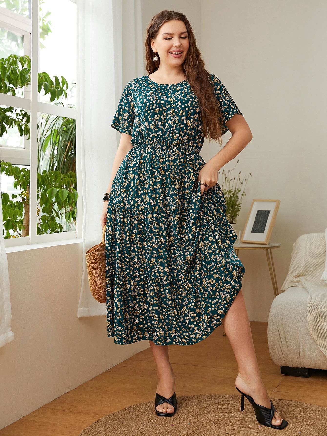 Summer Plus Size Women Floral Printed Midi Dresses - Velora