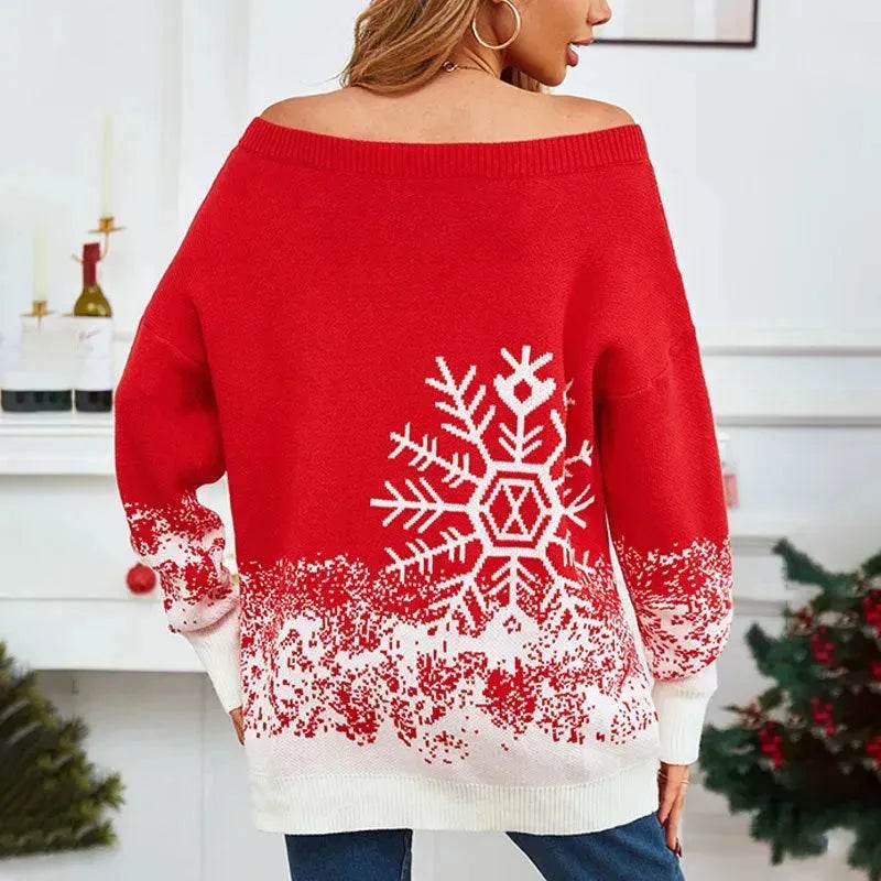 Snowflake Off-the-shoulder Cashmere Christmas Sweater top Women - Velora