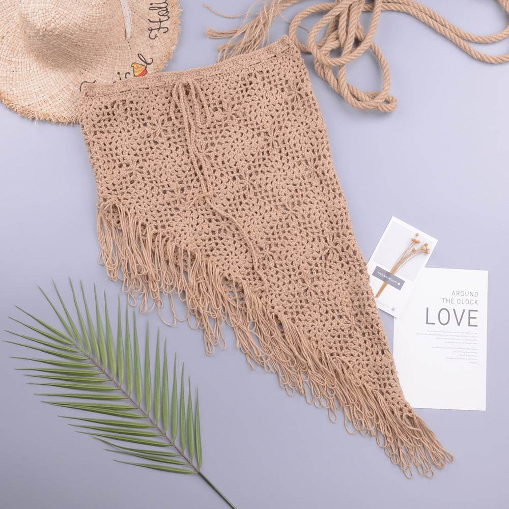 European And American Women's See Through Hollow Knitted tassel fringe Slant Beach Skirt - Velora