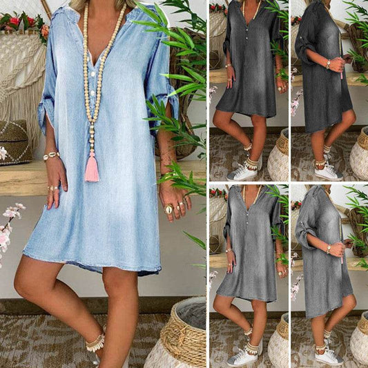 Casual Half Button Mid-sleeve loose Washed denim dress - Velora