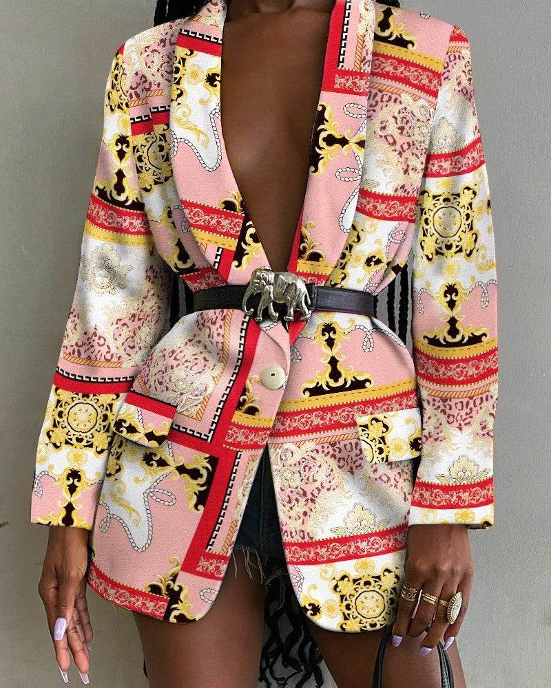 Fashion Printed Shawl Collar Single-breasted Belt Vintage Blazer Women - Velora