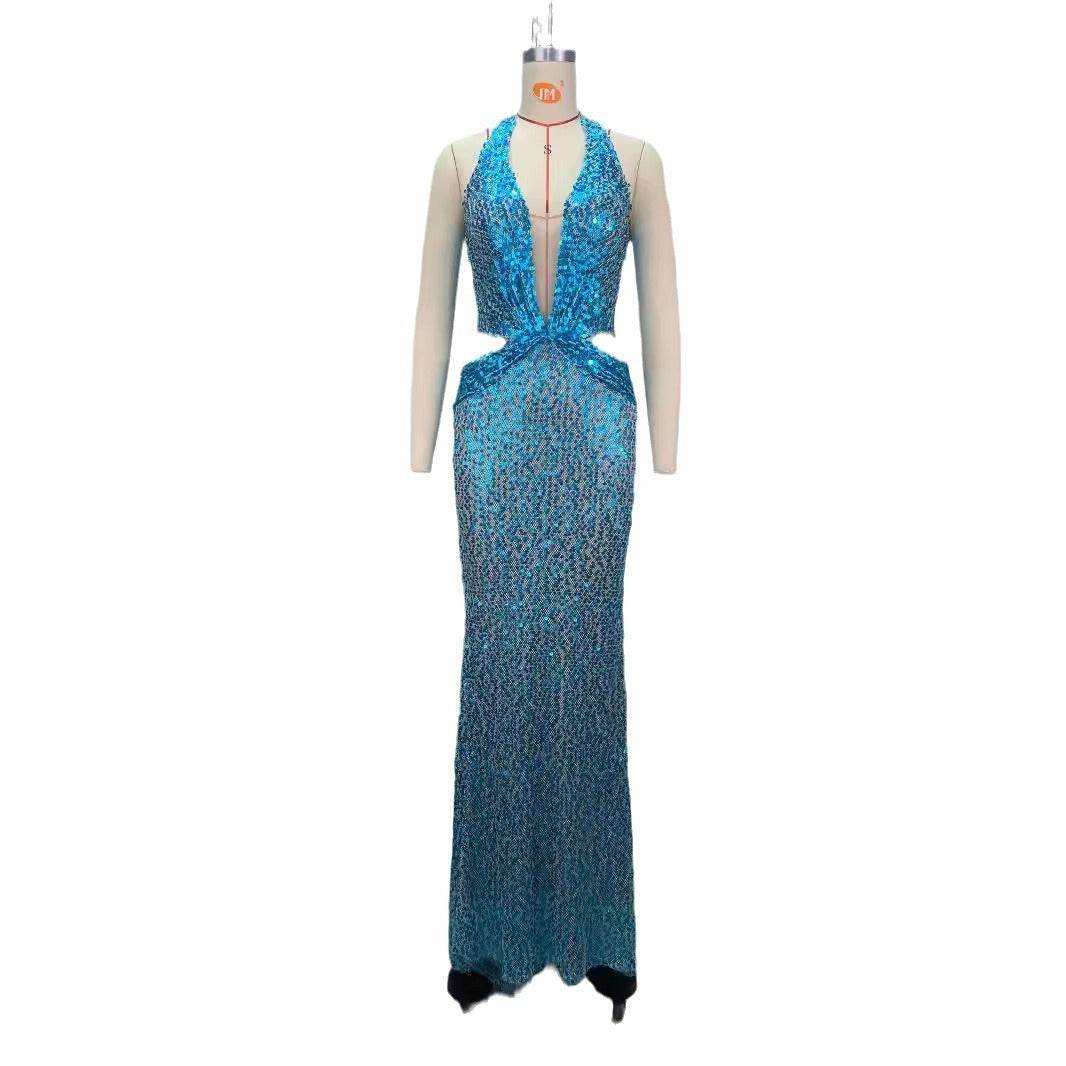 New Halter Deep V-neck Slim fit Sequined Evening Party Dress - Velora