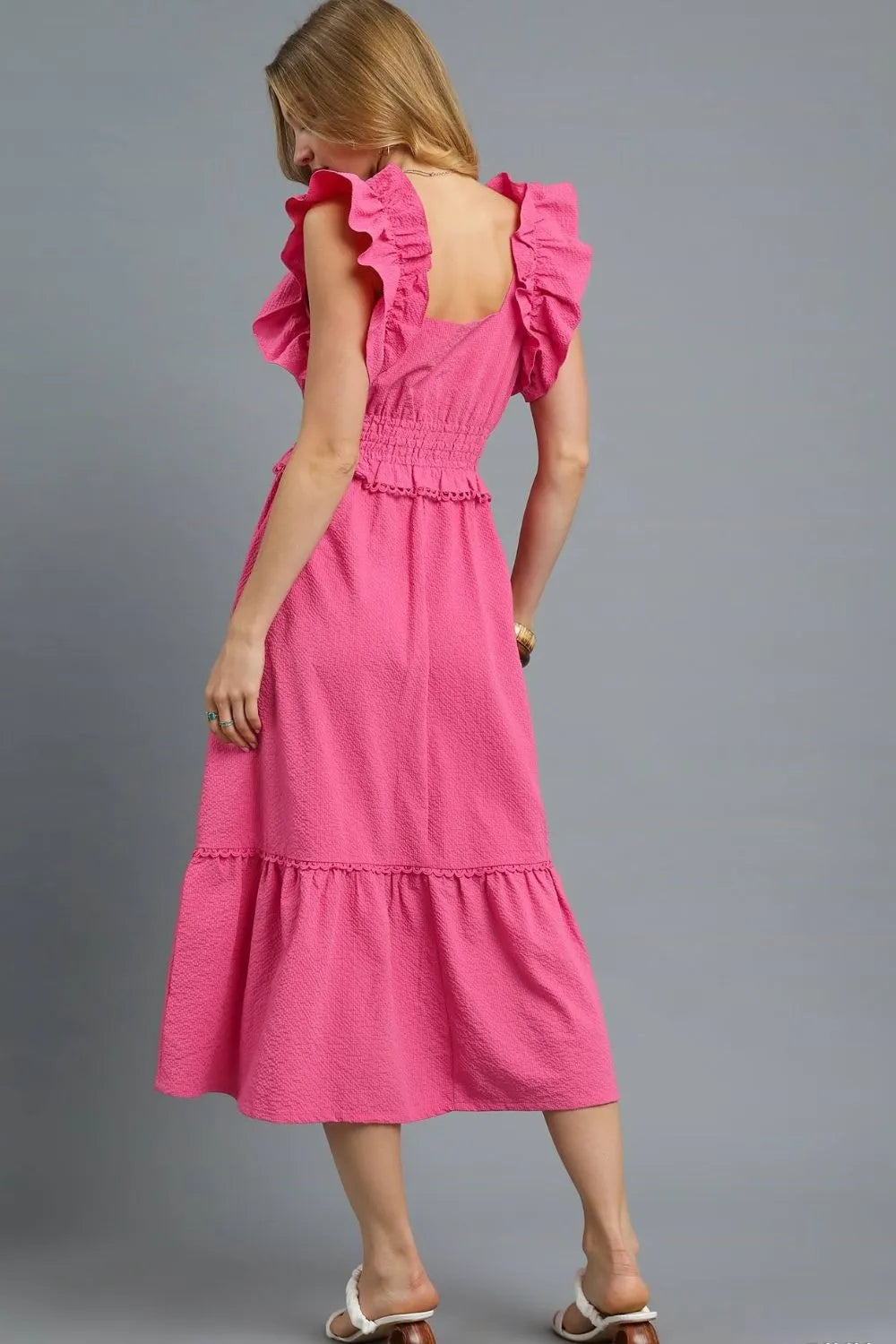 Umgee V-Neck Ruffled Cap Sleeve Midi Dress - Velora