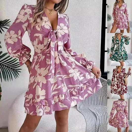 New Floral Printed V-Neck Long Sleeve Dress Fashion Ruffles Bowknot A-Line Short Mini Skater Dress Women's Clothing - Velora