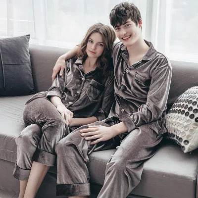 2pcs Couple Gold Velvet Long Sleeve Pajamas set - Velora