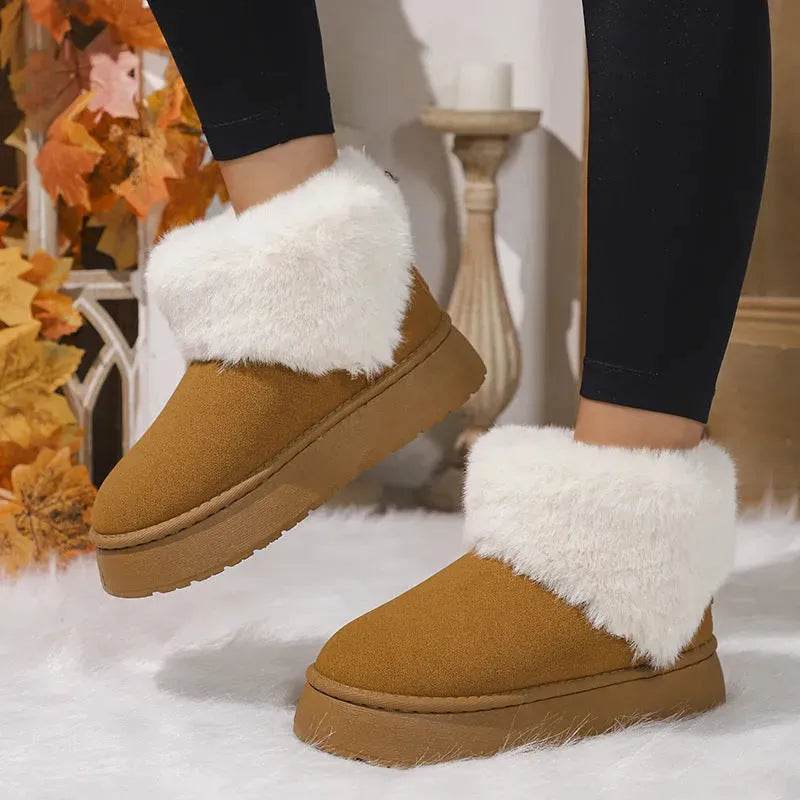 Winter Plush Snow Boots Fashion Round Toe Flat Thickened Suede Cotton Shoes For Women Casual Warm Short Boot - Velora