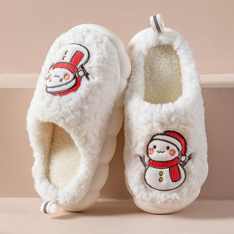 Cute Snowman Slippers Winter Indoor Household Warm Plush Thick-Soled Anti-slip Couple Home Slipper Soft Floor Bedroom House Shoes - Velora