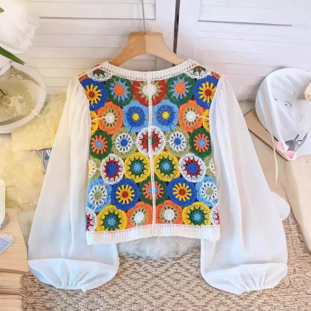 Summer Vacation Style Crocheted Hollow Design Knitted Chiffon Patchwork Long Sleeve Retro Slimming V-neck blouse top For Women - Velora