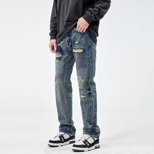 American Style Loose Broken Patch Straight Retro Denim Jeans pant Trousers Men - Velora