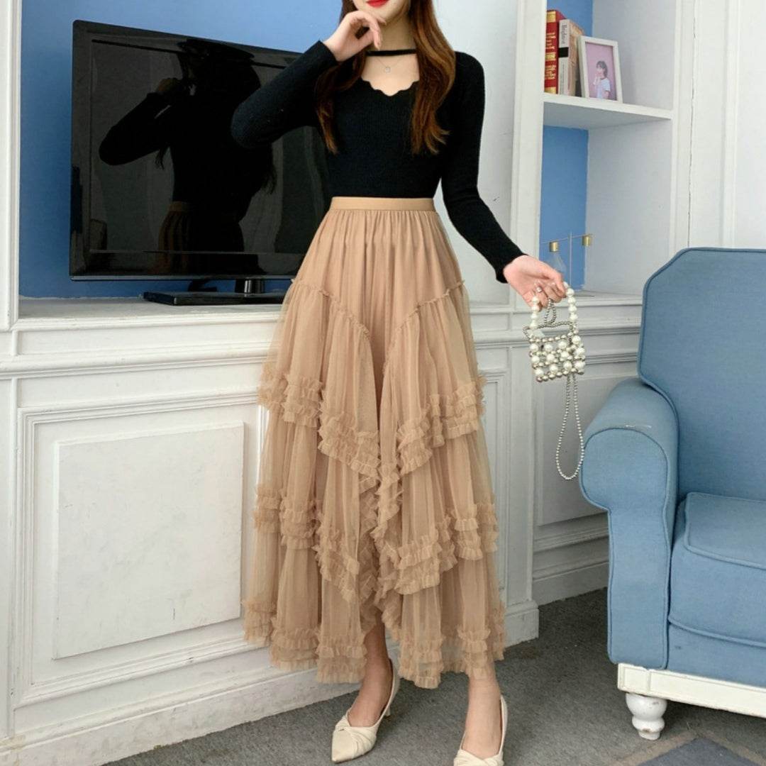 Slimming Multi-layer Gauze Skirt High-grade Midi Tulle Skirt - Velora