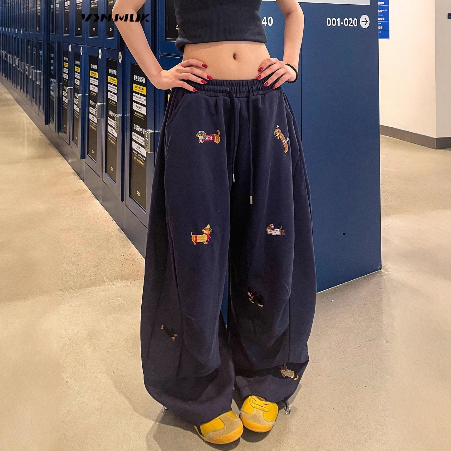 Embroidered Wide Leg Pants – Women's Loose Drape Slacks