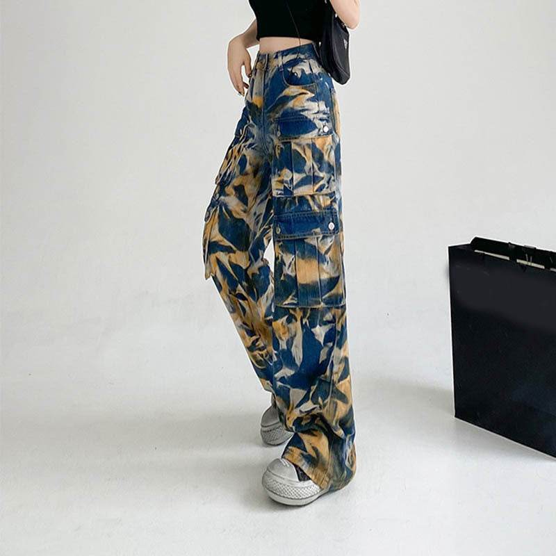 New Tie-dye Baggy CargoTrousers With Pockets Y2K Fashion High Waist Loose Wide Leg Pants Spring And Autumn - Velora
