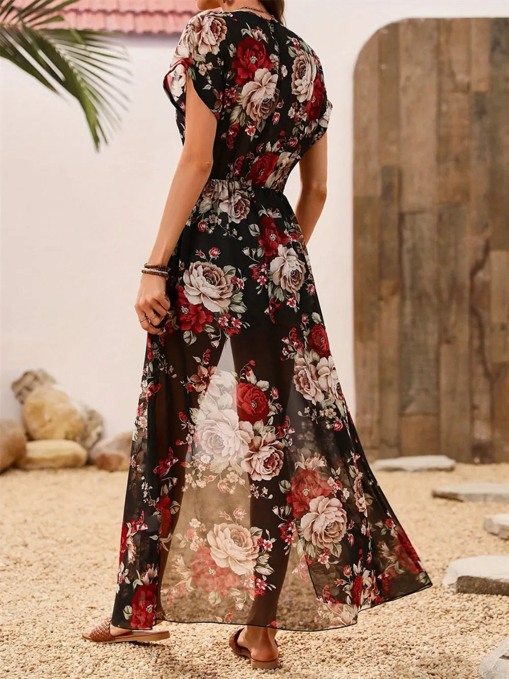 Slit Rose Printed Round Neck Short Sleeve Blouse - Velora