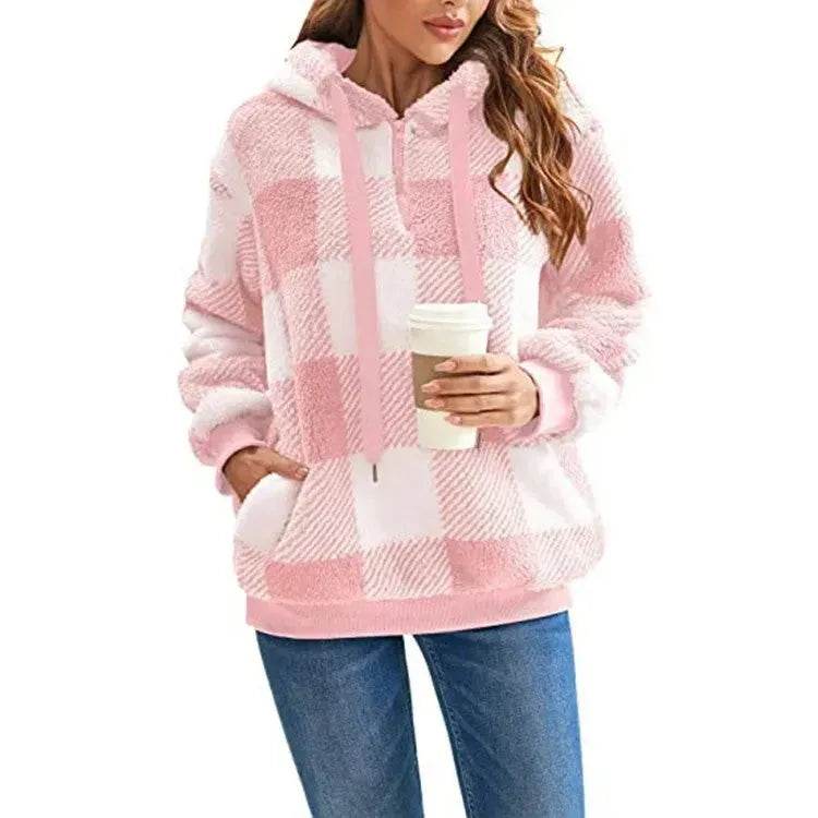 Casual Thick Fleece Plush half zip Plaid Hoodie Pullover top for women - Velora