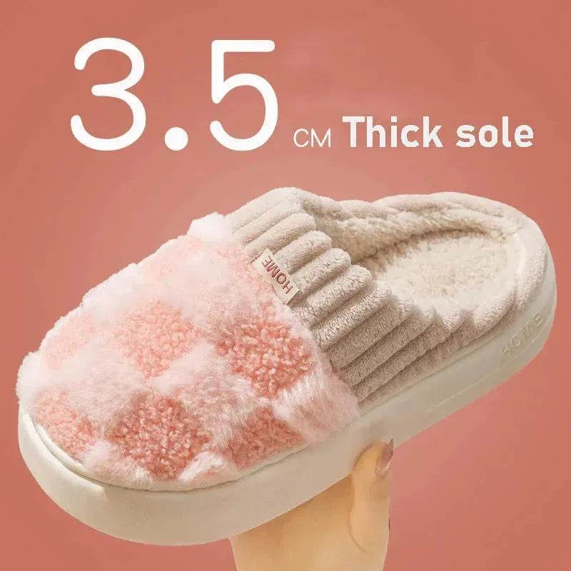 Plaid Plush Slippers Women's Indoor Plush Home Slippers Soft Sole Thick Non-Slip Warm House Shoes Couple Autumn And Winter - Velora