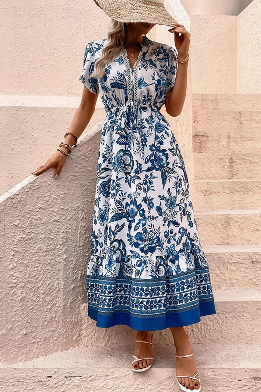 Printed Notched Short Sleeve Dress - Velora