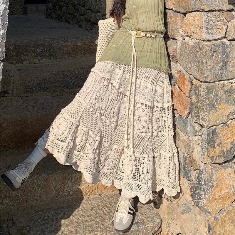 Retro Vacation Style Crocheted Hollow Beige Maxi Skirt - Velora