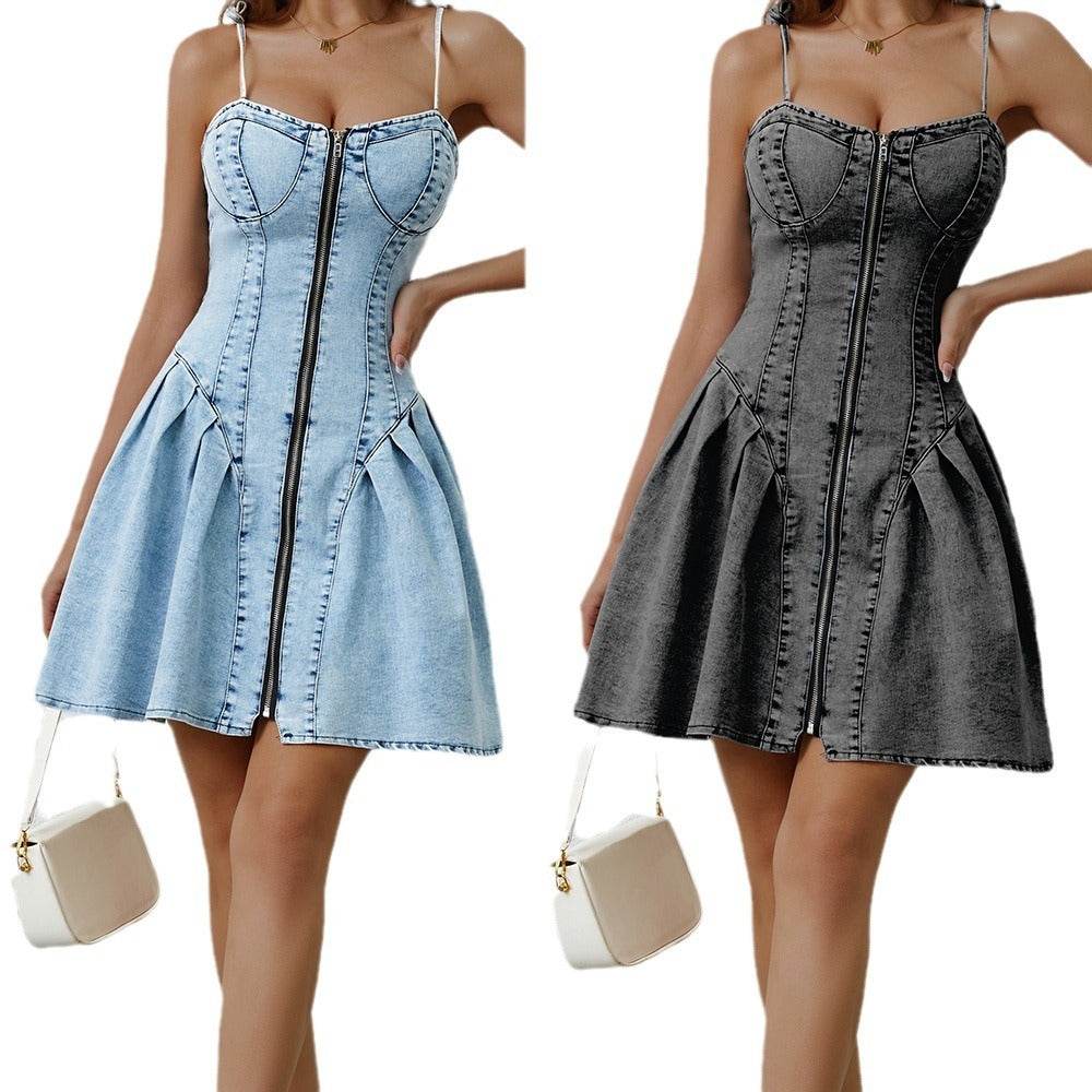 Chic Personality Street Splicing Sling Denim Mini Dress - Velora