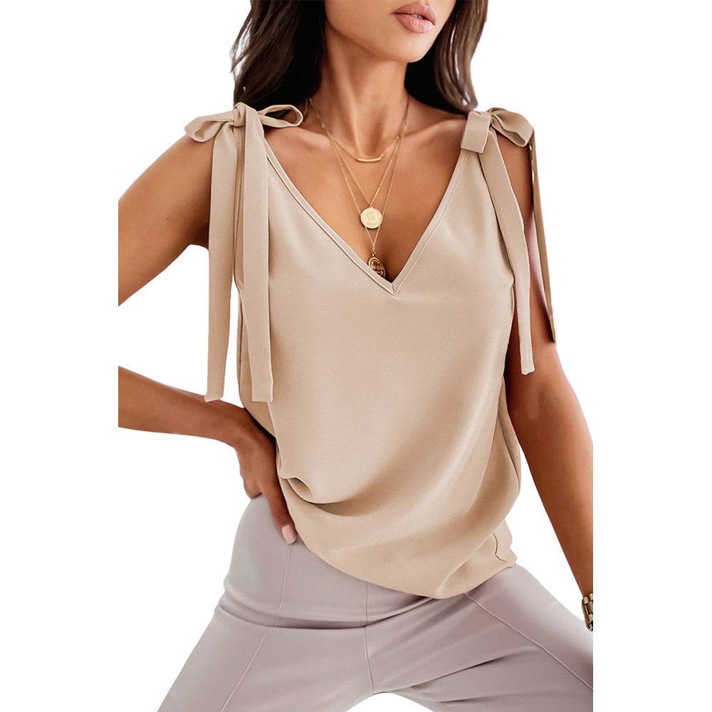 Bowknot Tie Up V-neck top Women Summer Sleeveless Blouse Tops - Velora