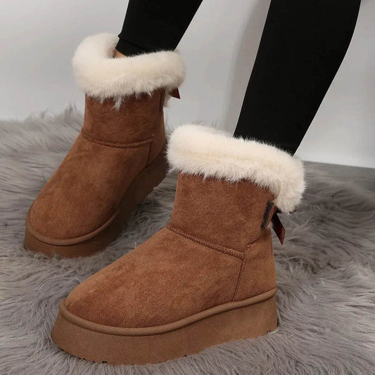 New Bow-knot Snow Boots Winter Plus Velvet Warm Thick-soled Ankle Boots For Women Simple Daily Leisure Cotton Shoes - Velora