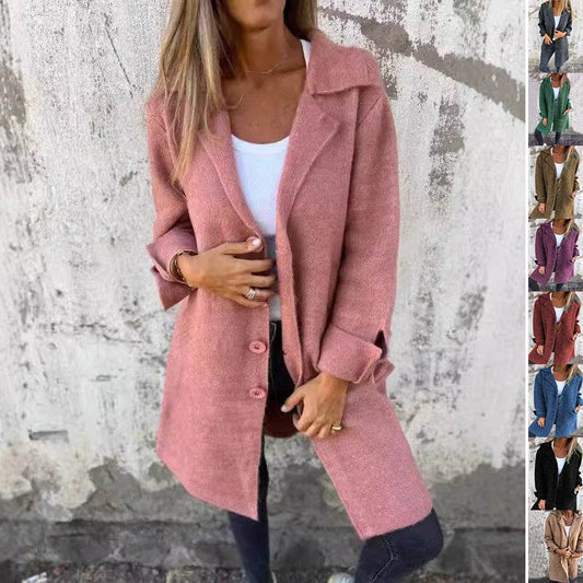 Lapel Single Breasted Cardigan With Pockets Fashion Color Solid Mid-Length Outwear Coat Womens Clothing - Velora