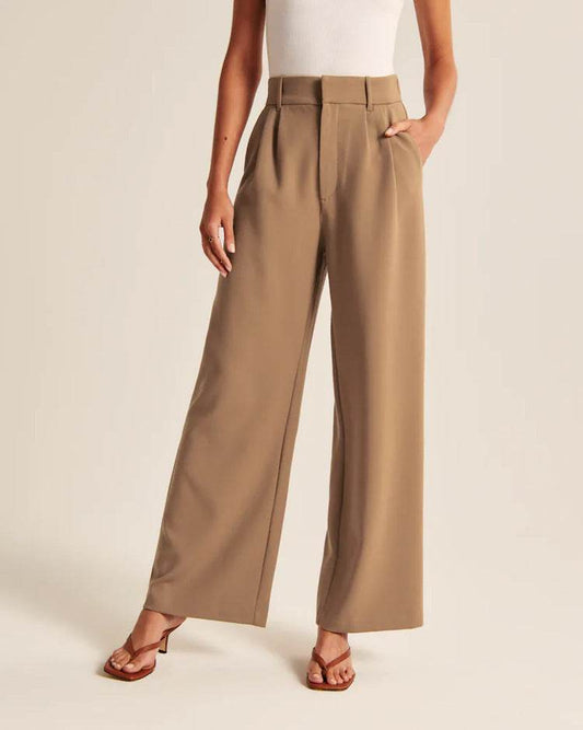High Waist Straight Trousers With Pockets Wide Leg Casual Pants For Women - Velora